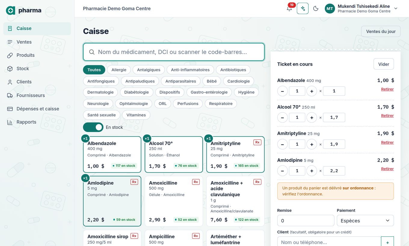 Caisse de pharma avec le ticket en cours