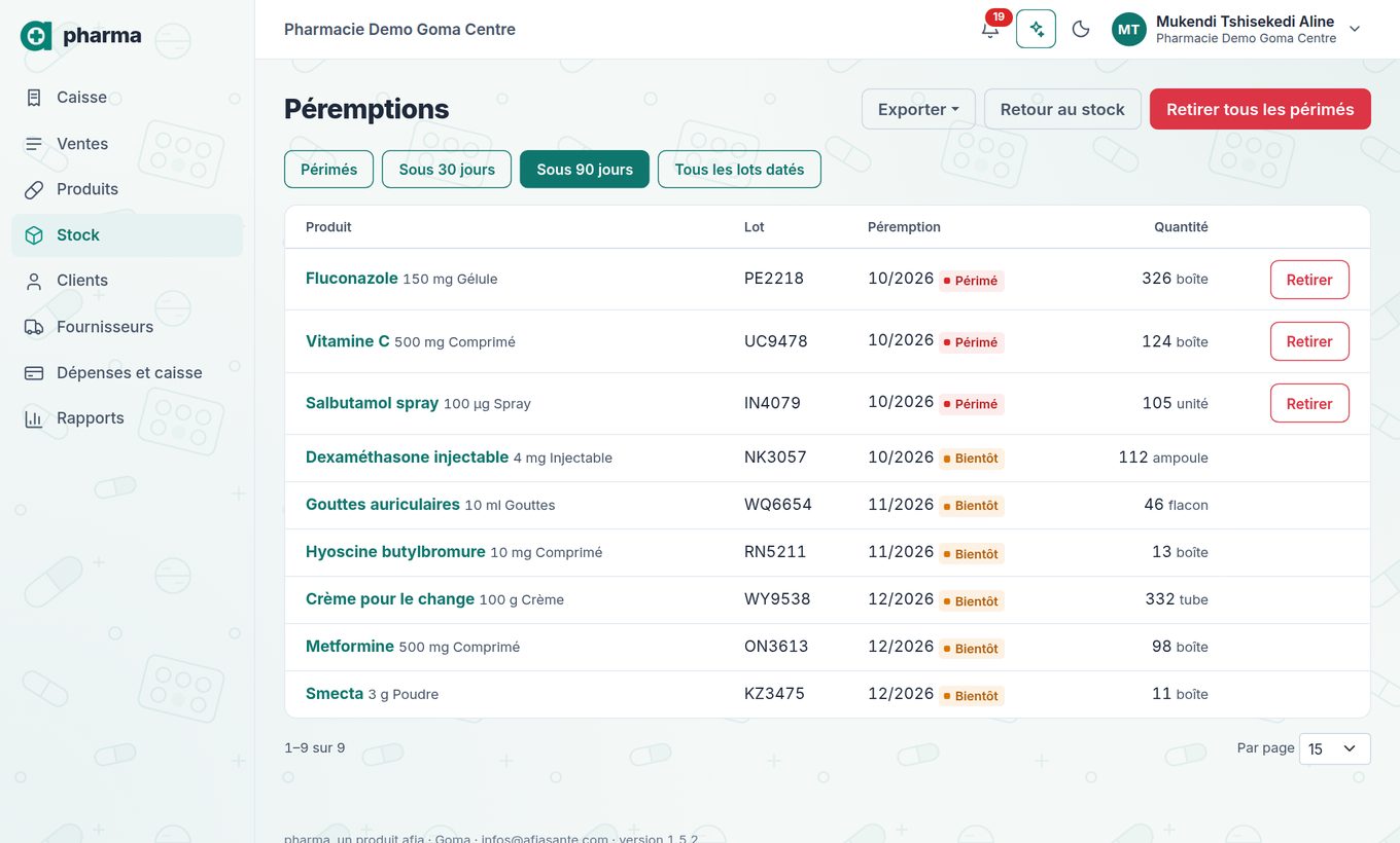 Page des péremptions : lots à retirer et à surveiller